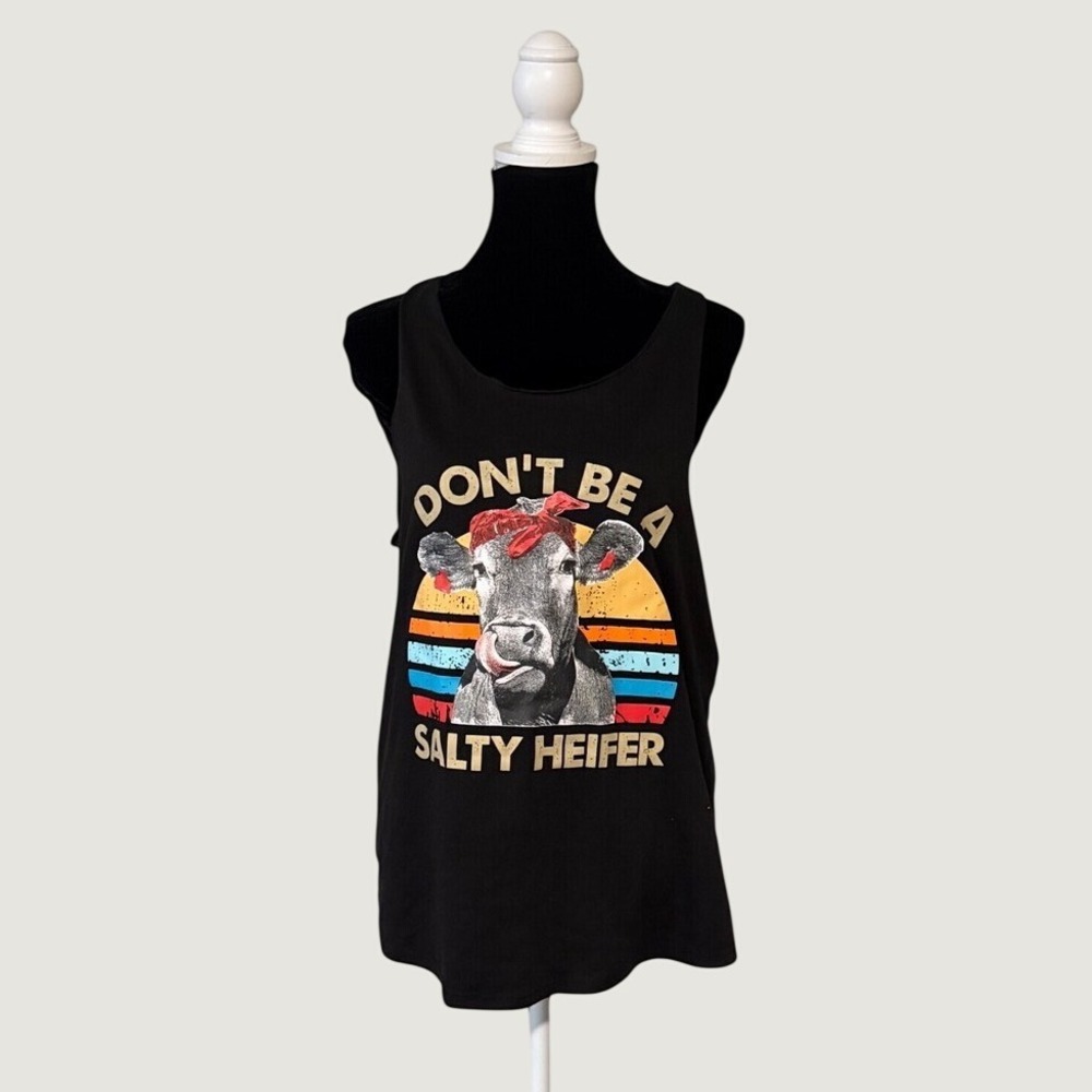 Don'tโ Be A Salty Heifer Cow Graphic Tank Top Womens XL Black Funny Western Tee